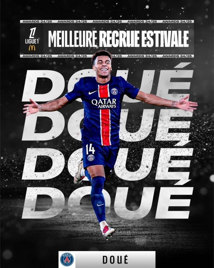 官方：巴黎前锋杜埃当选2024-2025赛季法甲夏窗最佳引援